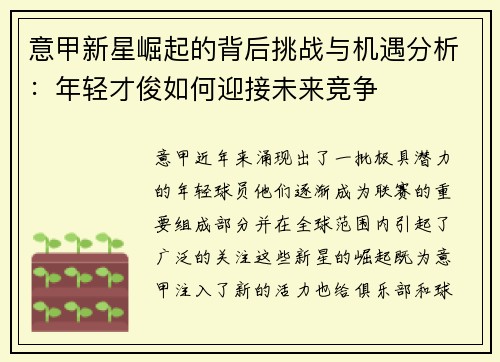 意甲新星崛起的背后挑战与机遇分析:年轻才俊如何迎接未来竞争 意甲新星崛起的背后挑战与机遇分析:年轻才俊如何迎接未来竞争