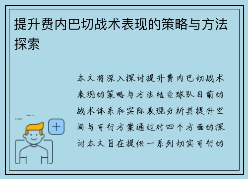 提升费内巴切战术表现的策略与方法探索