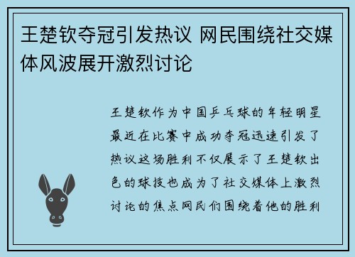 王楚钦夺冠引发热议 网民围绕社交媒体风波展开激烈讨论
